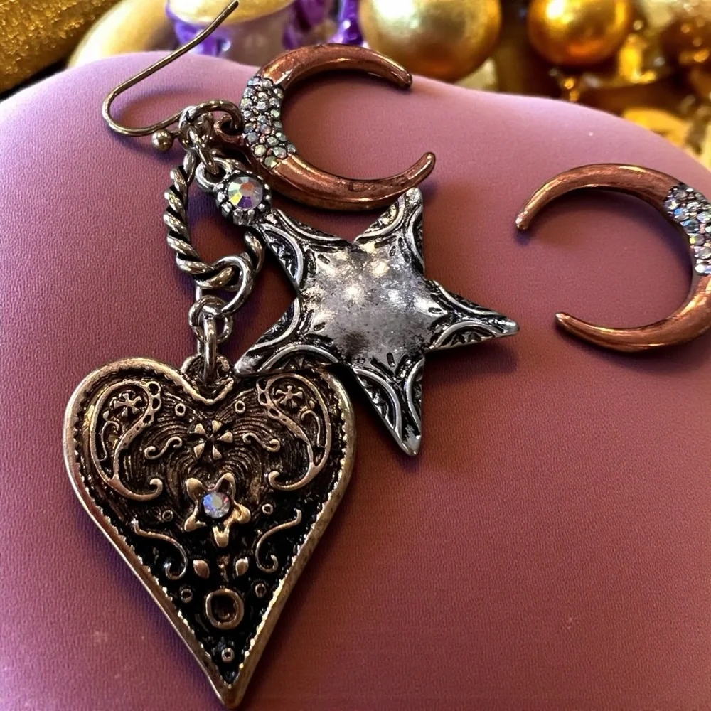 Boho Silver, Copper, and Bronze Toned Star and Heart Earrings Celestial Witchy